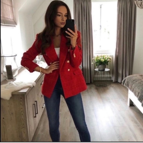 ZARA RED TEXTURED TWEED DOUBLE-BREASTED BLAZER size XS Kate Middleton - Picture 5 of 16